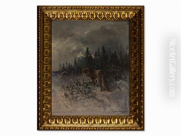 Fox In Winter Landscape Oil Painting by Moritz Mueller the Younger