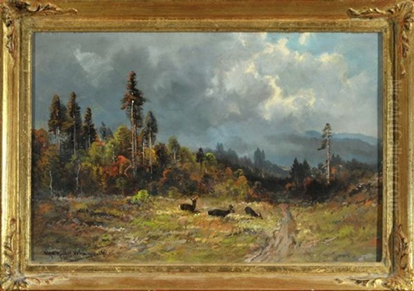 Rehe Auf Waldlichtung Bei Aufziehendem Gewitter Oil Painting by Moritz Mueller the Younger