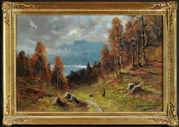 Hasen Im Herbstlichen Birkenwald Am Gebirgssee Oil Painting by Moritz Mueller the Younger