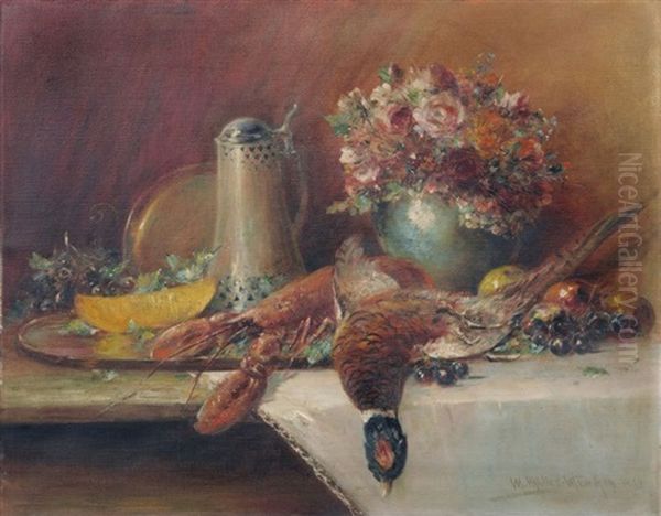 Jagdstilleben Mit Fasan, Hummer Und Blumen Oil Painting by Moritz Mueller the Younger