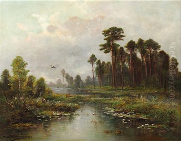 Voralpenlandschaft Mit Fliegendem Wildentenerpel Oil Painting by Moritz Mueller the Younger