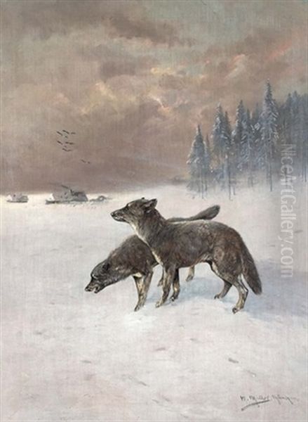 Zwei Wolfe Im Schnee Oil Painting by Moritz Mueller the Younger