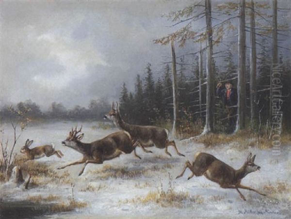 Hase Und Rehe Auf Verschneiter Waldlichtung Oil Painting by Moritz Mueller the Younger