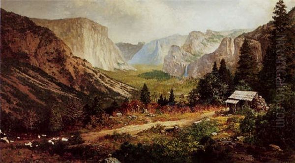 A View Of Yosemite Valley With A Shack In The Foreground Oil Painting by Alexander Mueller