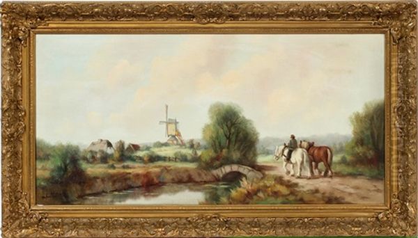 Dutch Landscape With Horses On Path Oil Painting by Anton Mueller