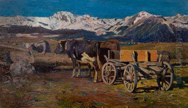 An Der Tranke (after Kuhe An Der Tranke By Giovanni Segantini) Oil Painting by Anton Eduard Mueller