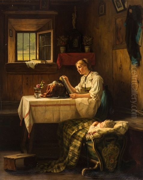 Reading By The Cradle Oil Painting by August Mueller