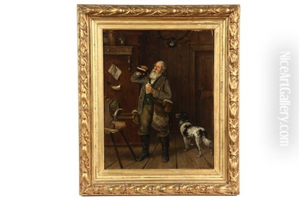 Elderly Bavarian Hunter Refilling His Drinking Flask At A Tavern Oil Painting by August Mueller