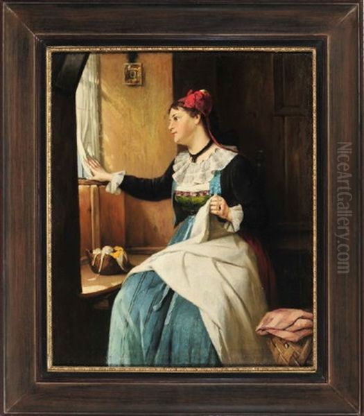 Eine Junge Frau In Tracht Halt Bei Ihrer Stickarbeit Inne Und Blickt Aus Dem Fenster Oil Painting by August Mueller