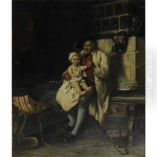 Genre Scene With Child And Grandfather In Period Interior Oil Painting by August Mueller