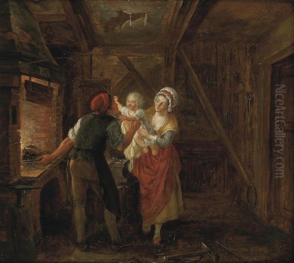 A Family In A Forge Oil Painting by Marc-Antoine Bilcoq