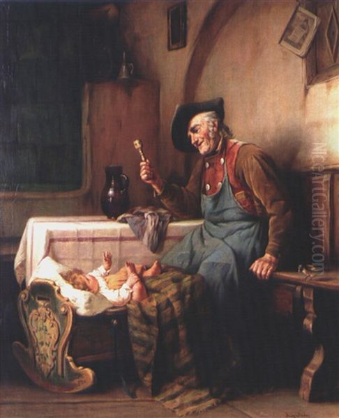 Grossvater An Der Wiege Oil Painting by August Mueller