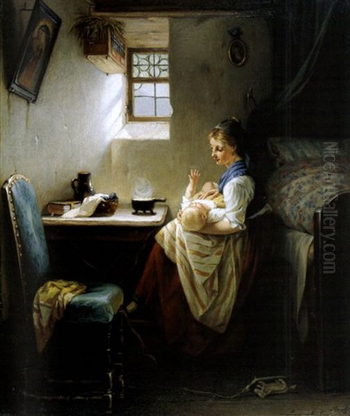 Interieur Mit Mutter Und Kind Oil Painting by August Mueller