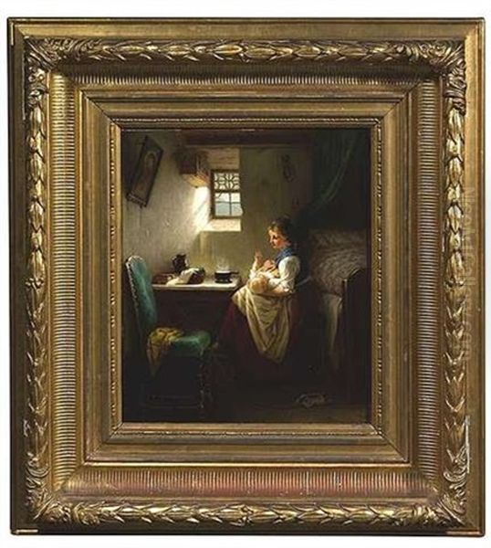 Stubeninterieur Mit Einer Mutter, Die Ihr Kind Auf Dem Arm Wiegt Oil Painting by August Mueller