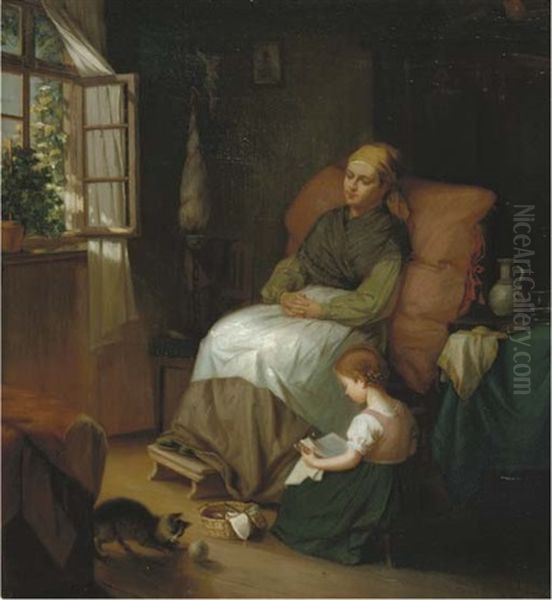 Reading To Mommy Oil Painting by August Mueller