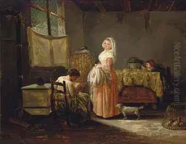 Women And Children In A Kitchen Interior Oil Painting by Marc-Antoine Bilcoq