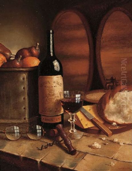 A Bottle Of Chateau Margaux, A Goblet, Fruit, Bread, Cheese And Spectacles On A Table Oil Painting by August Mueller