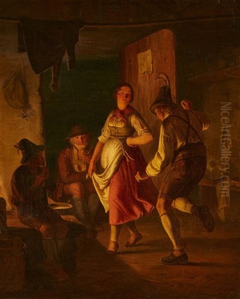 Dancing Peasant Couple Oil Painting by Carl Friedrich Moritz Mueller