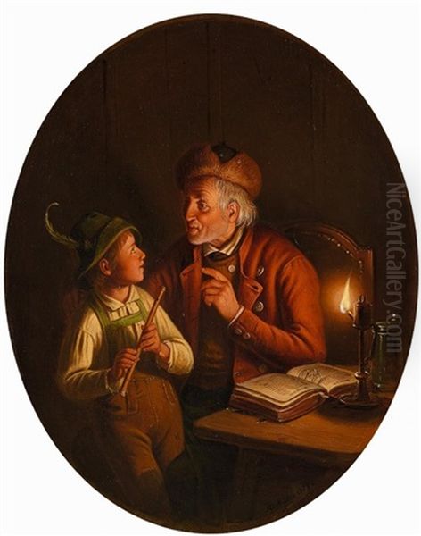 Die Melodie: Ein Bub Mit Flote Lauscht Seinem Pfeifenden Grosvater Oil Painting by Carl Friedrich Moritz Mueller