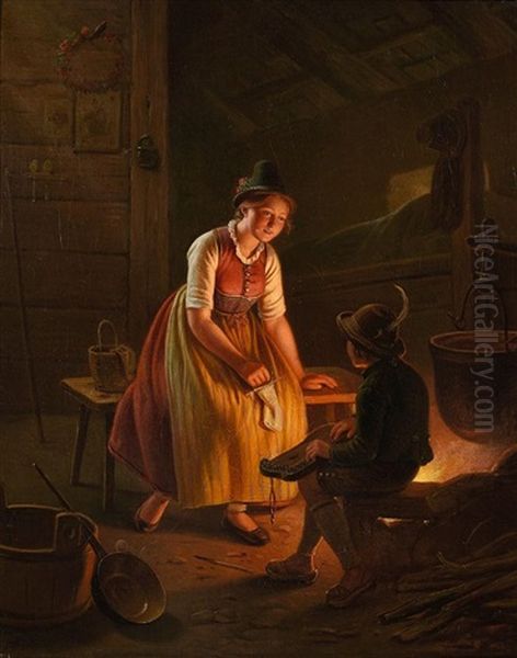 Junge Bauerin Und Bub Mit Zither Am Herdfeuer Oil Painting by Carl Friedrich Moritz Mueller