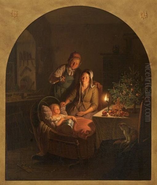 Christmas In The Cottage Oil Painting by Carl Friedrich Moritz Mueller