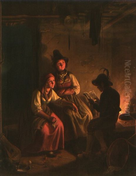 Zwei Junge Madchen In Tracht Lauschen Gebannt Einem Knaben, Der, Vom Herdfeuer Beleuchtet, Aus Einem Eulenspiegel-buch Vorliest Oil Painting by Carl Friedrich Moritz Mueller