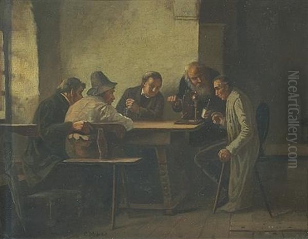 An Interior Scene With Men Conducting An Experiment Oil Painting by Carl Friedrich Moritz Mueller