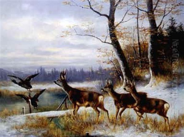 Rehe Und Enten Vor Waldlichtung Oil Painting by Carl Friedrich Moritz Mueller