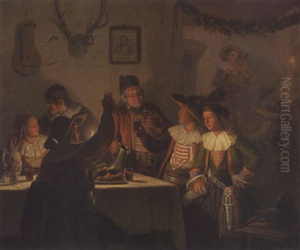 Frohlicher Umtrunk In Einer Tiroler Bauernschenke Oil Painting by Carl Friedrich Moritz Mueller