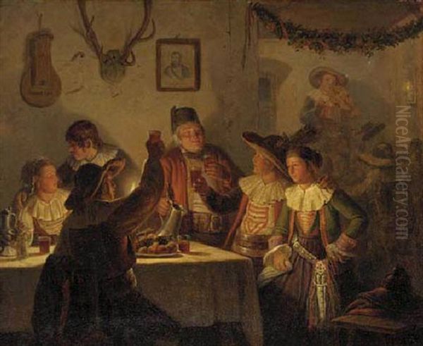 Carousing In The Tavern Oil Painting by Carl Friedrich Moritz Mueller