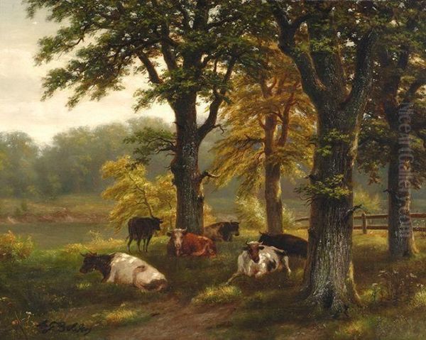 Cows In The Shade Of Trees Oil Painting by Albertus Gerardus Bilders