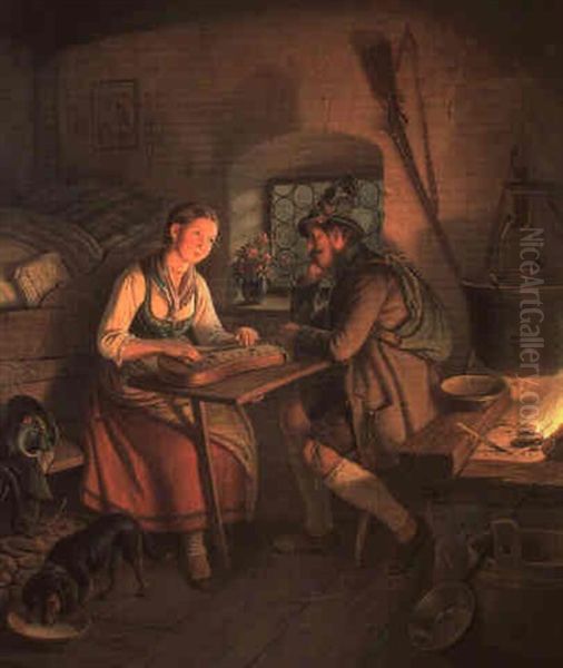 Abendliche Mussestunde: Jager Am Tisch Gegenuber Einem      Oberbayerischen, Zitherspielenden Madchen Oil Painting by Carl Friedrich Moritz Mueller