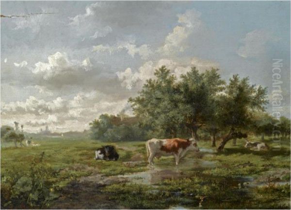 Cows In A Summer Landscape Oil Painting by Albertus Gerardus Bilders