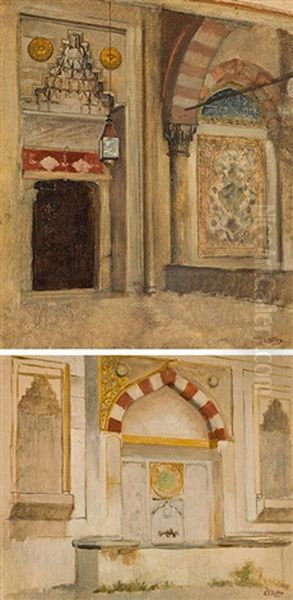 Mixed Lot (2 Studies): Interior Of A Mosque; Islamic Fountain Oil Painting by Carl Leopold Mueller