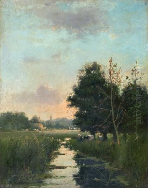 Landschap Met Koeien Aan Een Sloot by Albertus Gerardus Bilders