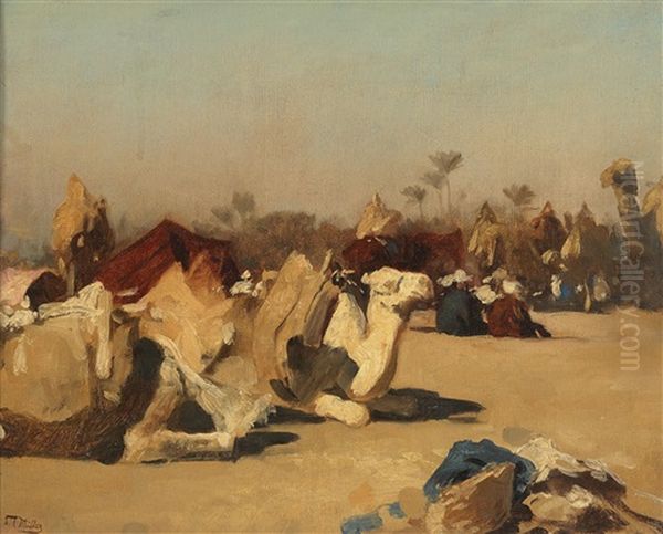 Camels Resting At An Oasis Oil Painting by Carl Leopold Mueller