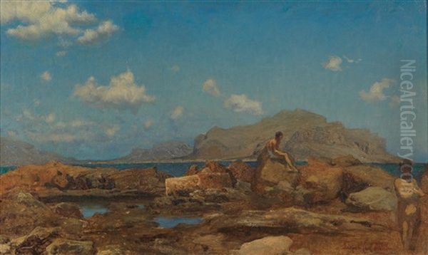 Coast Near Palermo With Monte Pellegrino In The Background Oil Painting by Carl Leopold Mueller