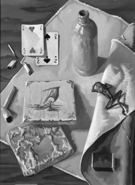 A Still Life With A Frog, Tiles And Playing Cards Oil Painting by Albertus Gerardus Bilders