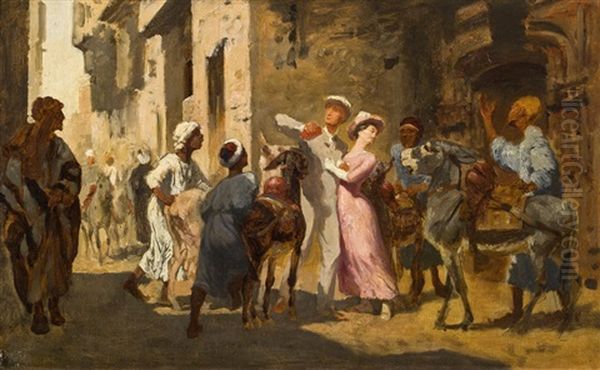 Bedrangte Touristen In Einer Orientalischen Stadt Oil Painting by Carl Leopold Mueller