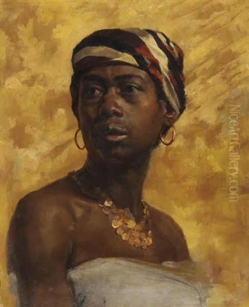 Junge Afrikanerin Mit Halsschmuck Und Gestreiftem Turban Oil Painting by Carl Leopold Mueller