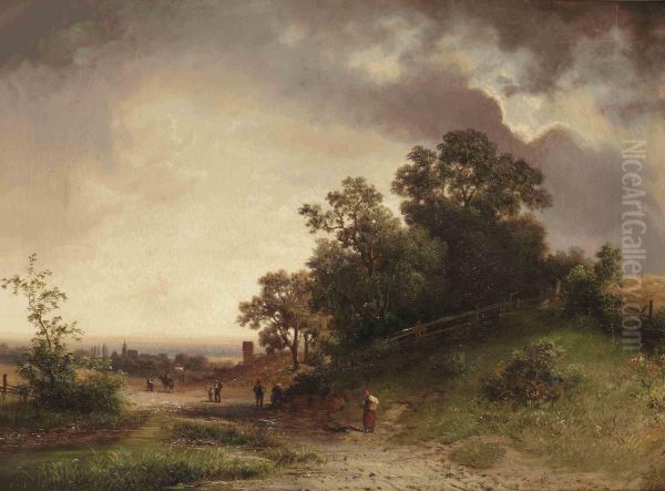 Travellers On A Path In A Dune Landscape Oil Painting by Johannes Warnardus Bilders