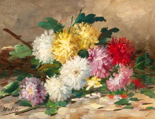 Still Life With Chrysanthemums Oil Painting by Carl Leopold Mueller