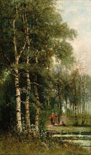 Figures In A Forest Oil Painting by Johannes Warnardus Bilders