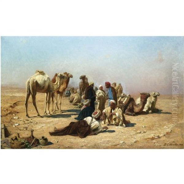 Halt In The Desert Oil Painting by Carl Leopold Mueller