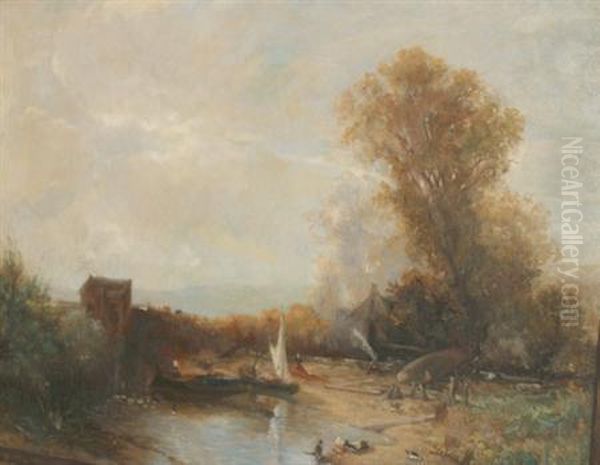 Encampment Beside A River Oil Painting by Johannes Warnardus Bilders