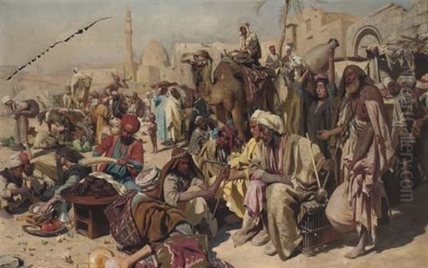 Street Musicians At The Bazaar Oil Painting by Carl Leopold Mueller