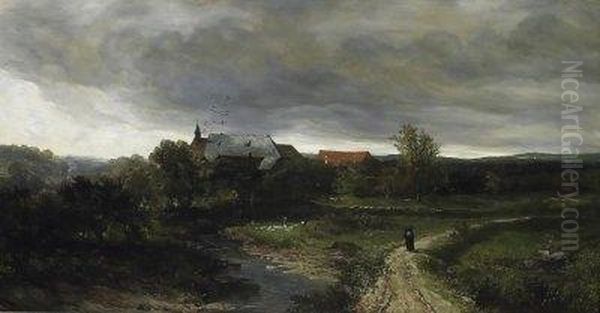 An Old Monastry In A Vast Forest Landscape. Two Monks On A Pathway Oil Painting by Johannes Warnardus Bilders