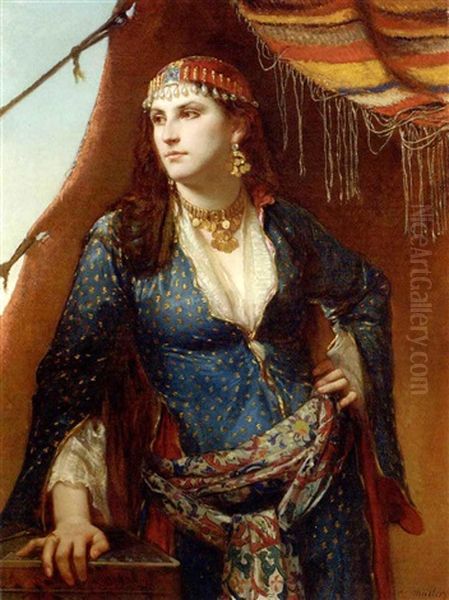 An Oriental Beauty Oil Painting by Carl Leopold Mueller