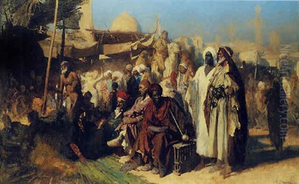 A Cairo Marketplace Oil Painting by Carl Leopold Mueller