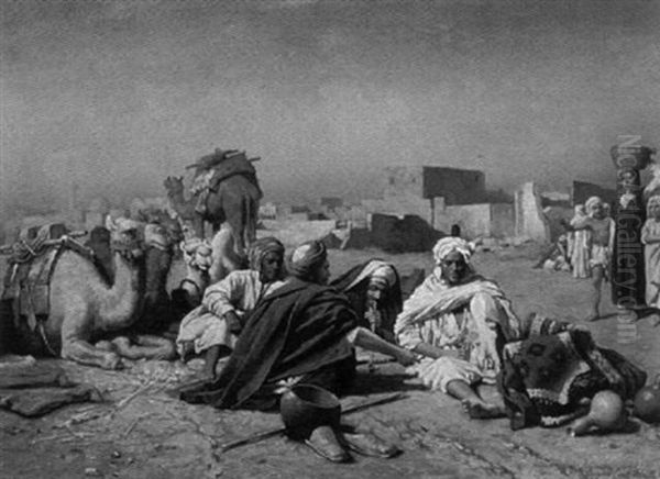 Arabs Seated With Camels In Town Square Oil Painting by Carl Leopold Mueller